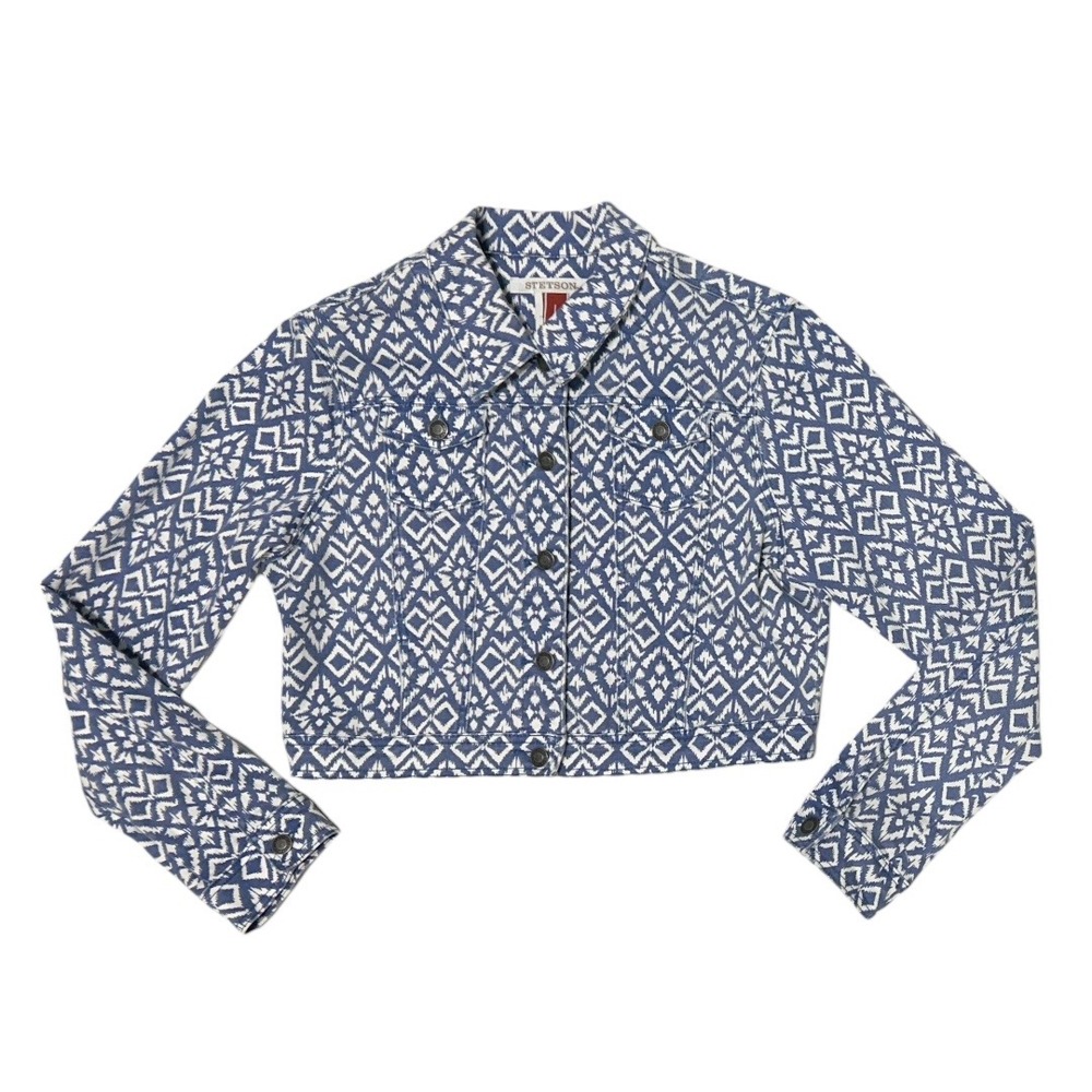 Stetson Womens Cropped Denim Jacket Blue White Geometric Print Size‎ L